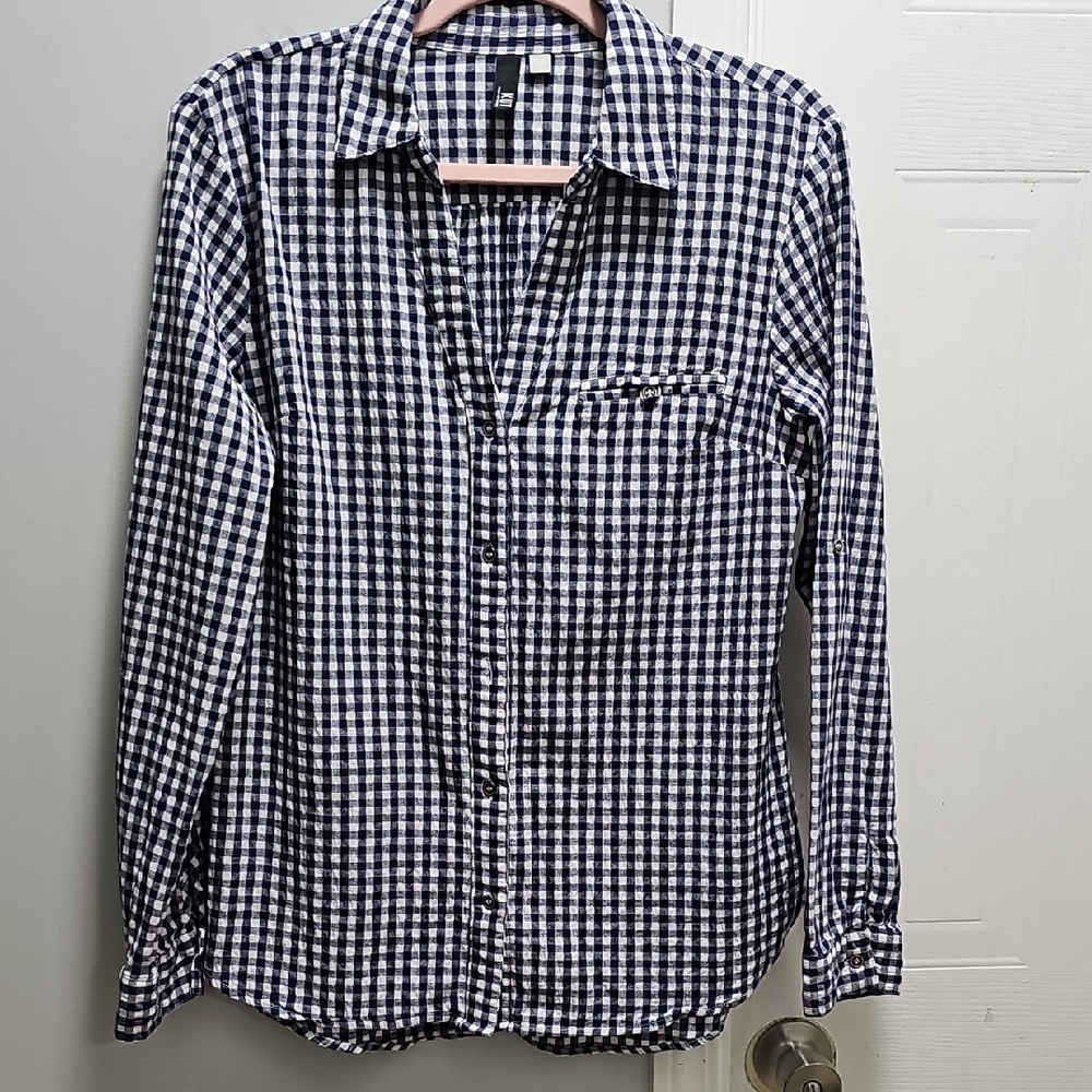Kut From The Kloth Navy White Gingham Button Front Shirt L Cotton